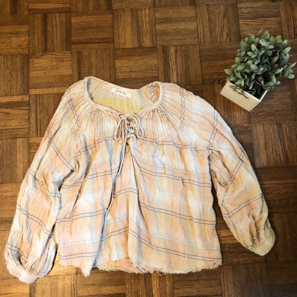 free people we the free cream plaid tie blouse || size L || NWOT ||